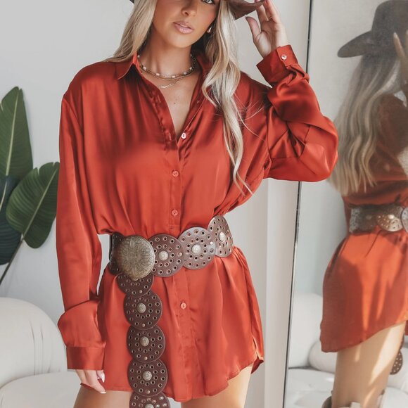 Shirt Dress Romper in Burnt Orange Sunset Satin Waist Tie Long Sleeve Button Dow - Picture 2 of 4